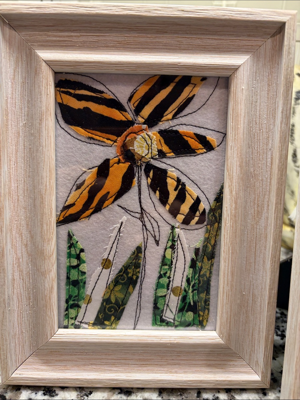 Handmade Yellow & Black Floral Textile Art in Wooden Frame 4x6
